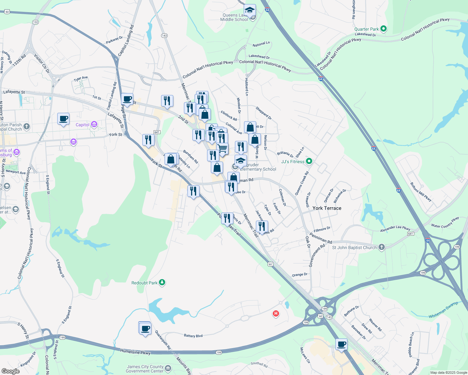 map of restaurants, bars, coffee shops, grocery stores, and more near 7132 Merrimac Trail in Williamsburg