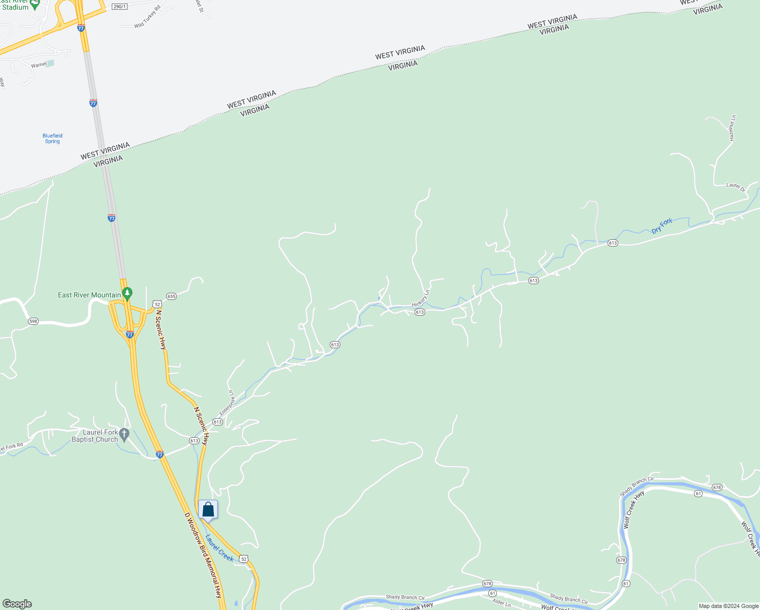 map of restaurants, bars, coffee shops, grocery stores, and more near State Route 613 in Rocky Gap