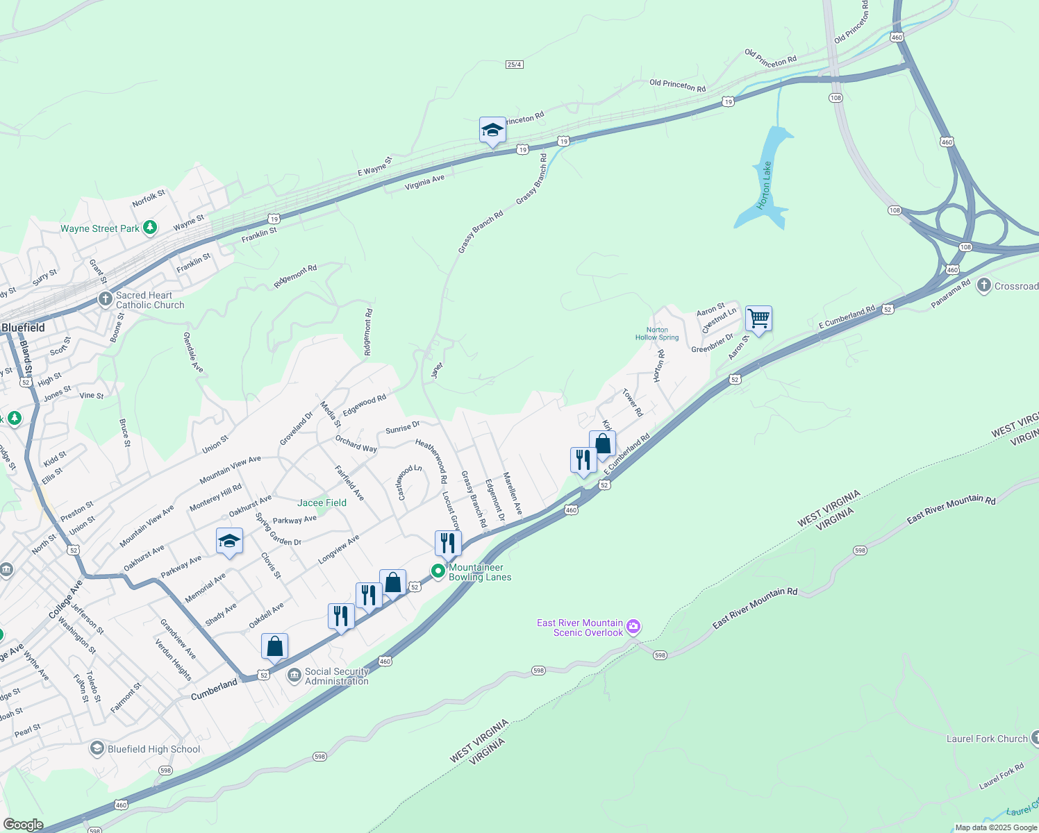 map of restaurants, bars, coffee shops, grocery stores, and more near 3903 Carey St in Bluefield