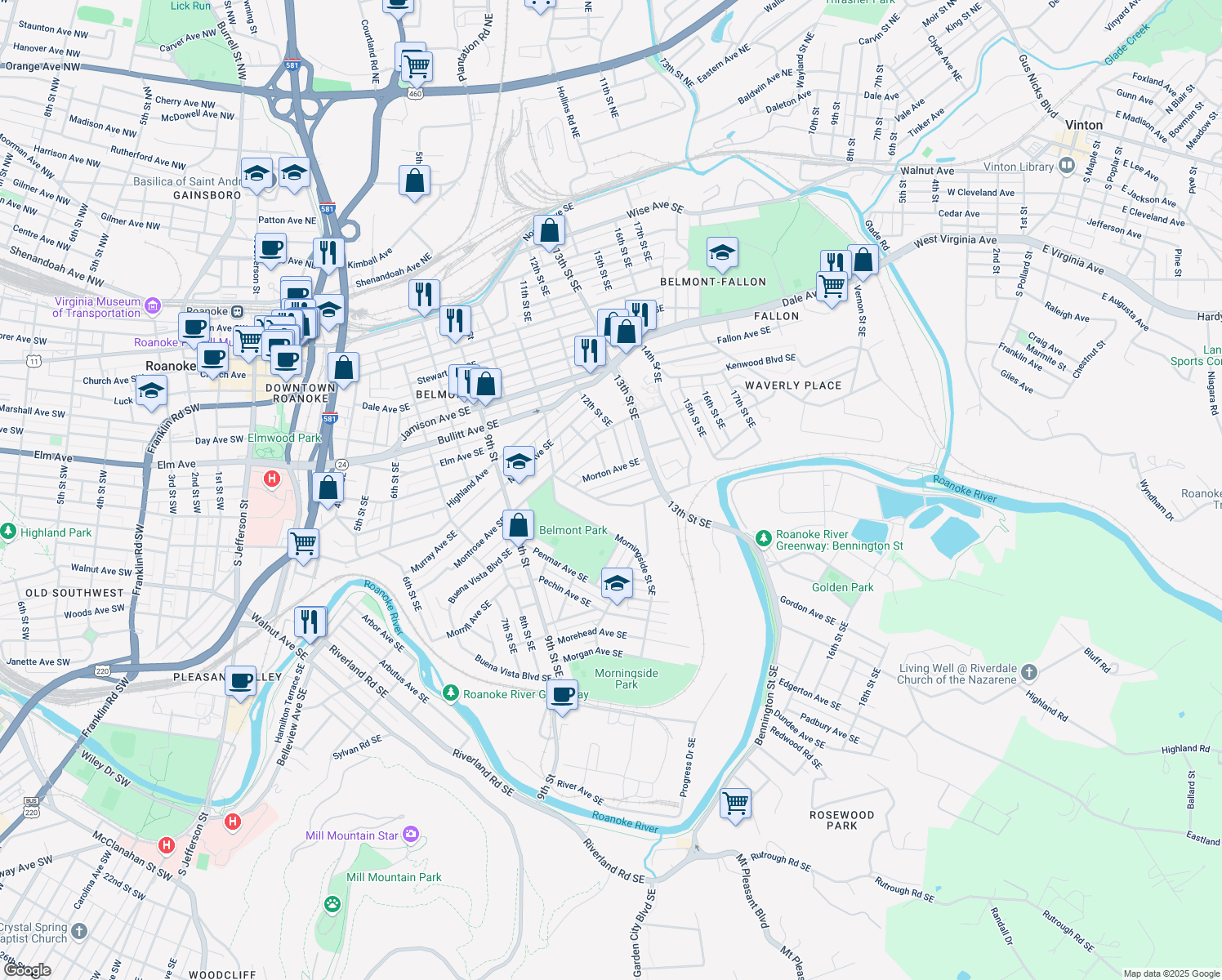 map of restaurants, bars, coffee shops, grocery stores, and more near 1120 Tompkins Ave SE in Roanoke