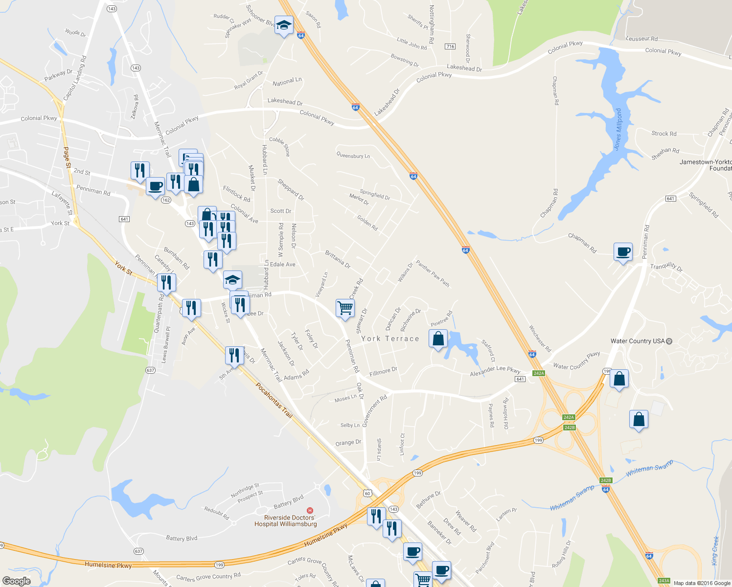 map of restaurants, bars, coffee shops, grocery stores, and more near 1095 Stewart Drive in Williamsburg