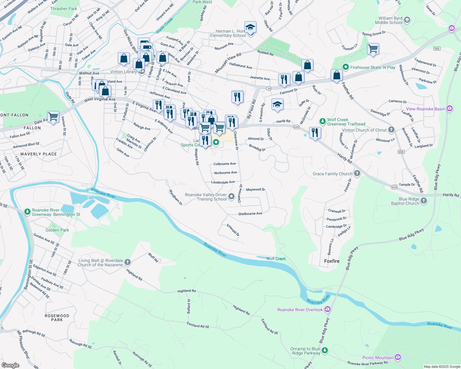 map of restaurants, bars, coffee shops, grocery stores, and more near 959 Lauderdale Avenue in Vinton
