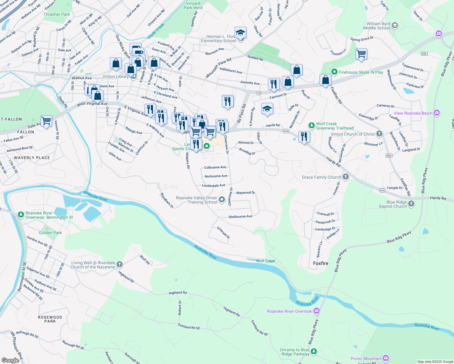 map of restaurants, bars, coffee shops, grocery stores, and more near 978 Lauderdale Avenue in Vinton