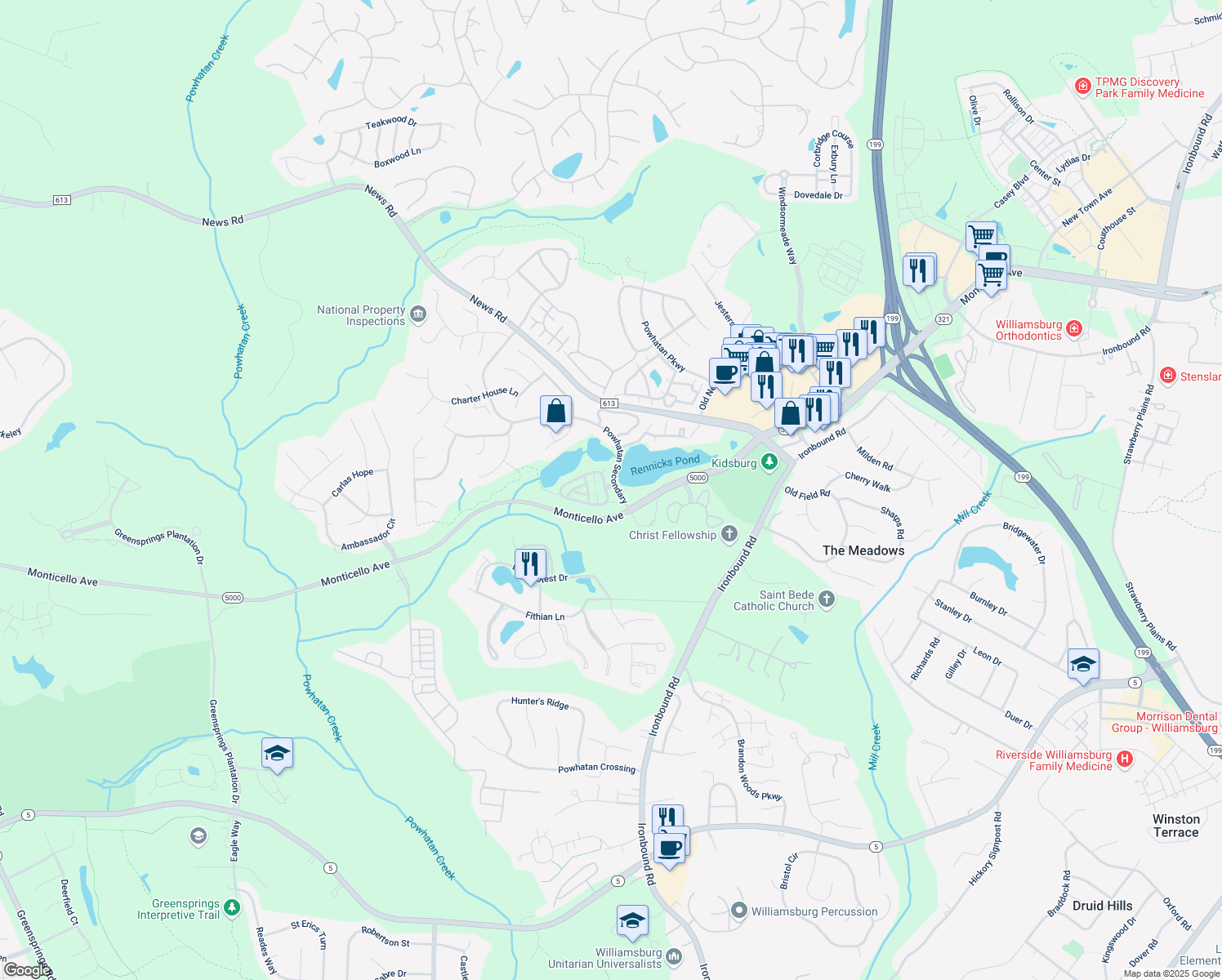 map of restaurants, bars, coffee shops, grocery stores, and more near 178 Waters Edge Drive in Williamsburg