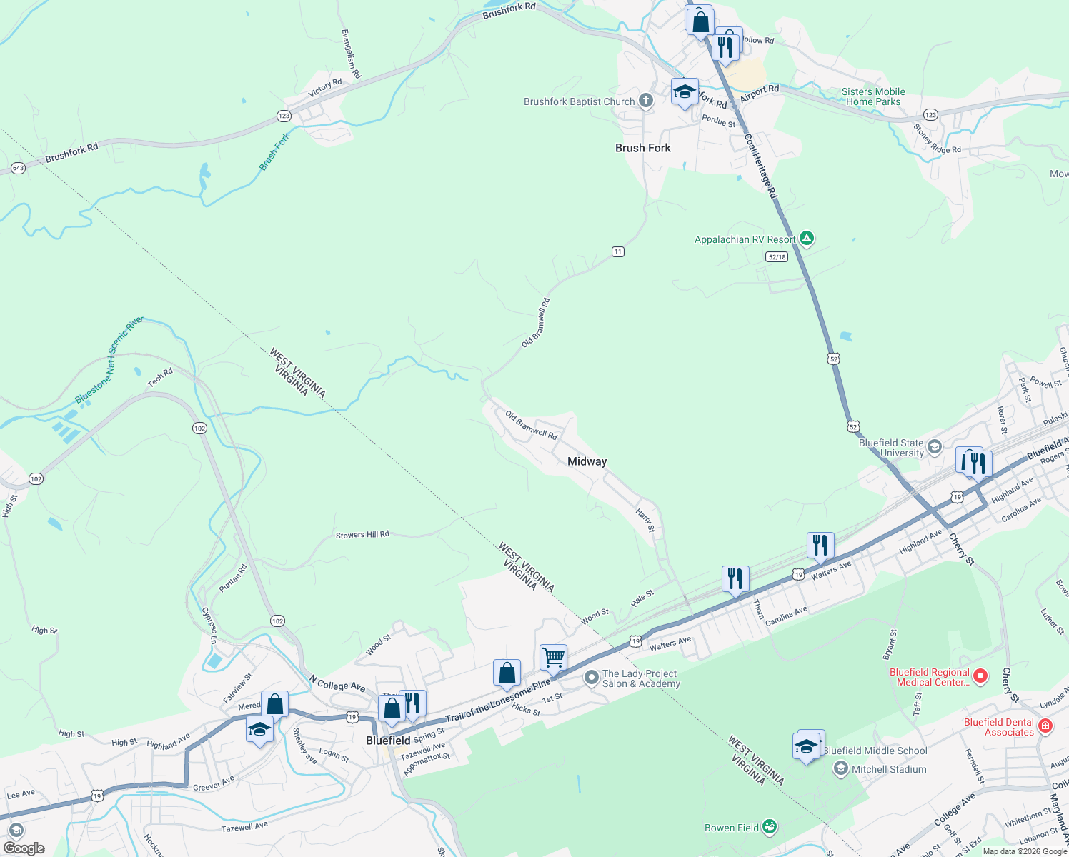 map of restaurants, bars, coffee shops, grocery stores, and more near 199 School St in Bluefield