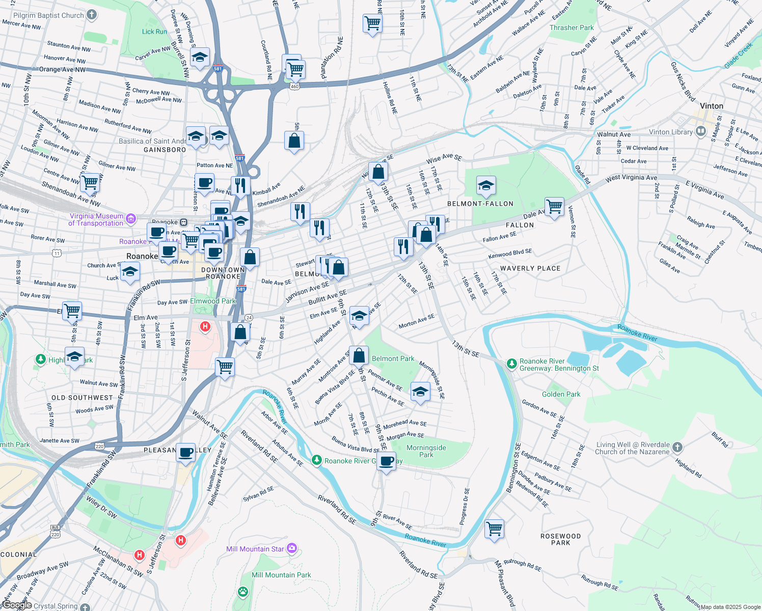 map of restaurants, bars, coffee shops, grocery stores, and more near 1004 11th Street Southeast in Roanoke