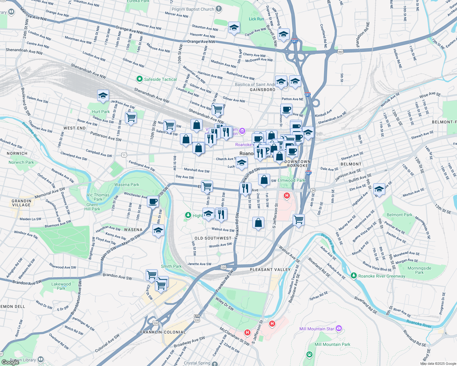 map of restaurants, bars, coffee shops, grocery stores, and more near 366 Day Avenue Southwest in Roanoke