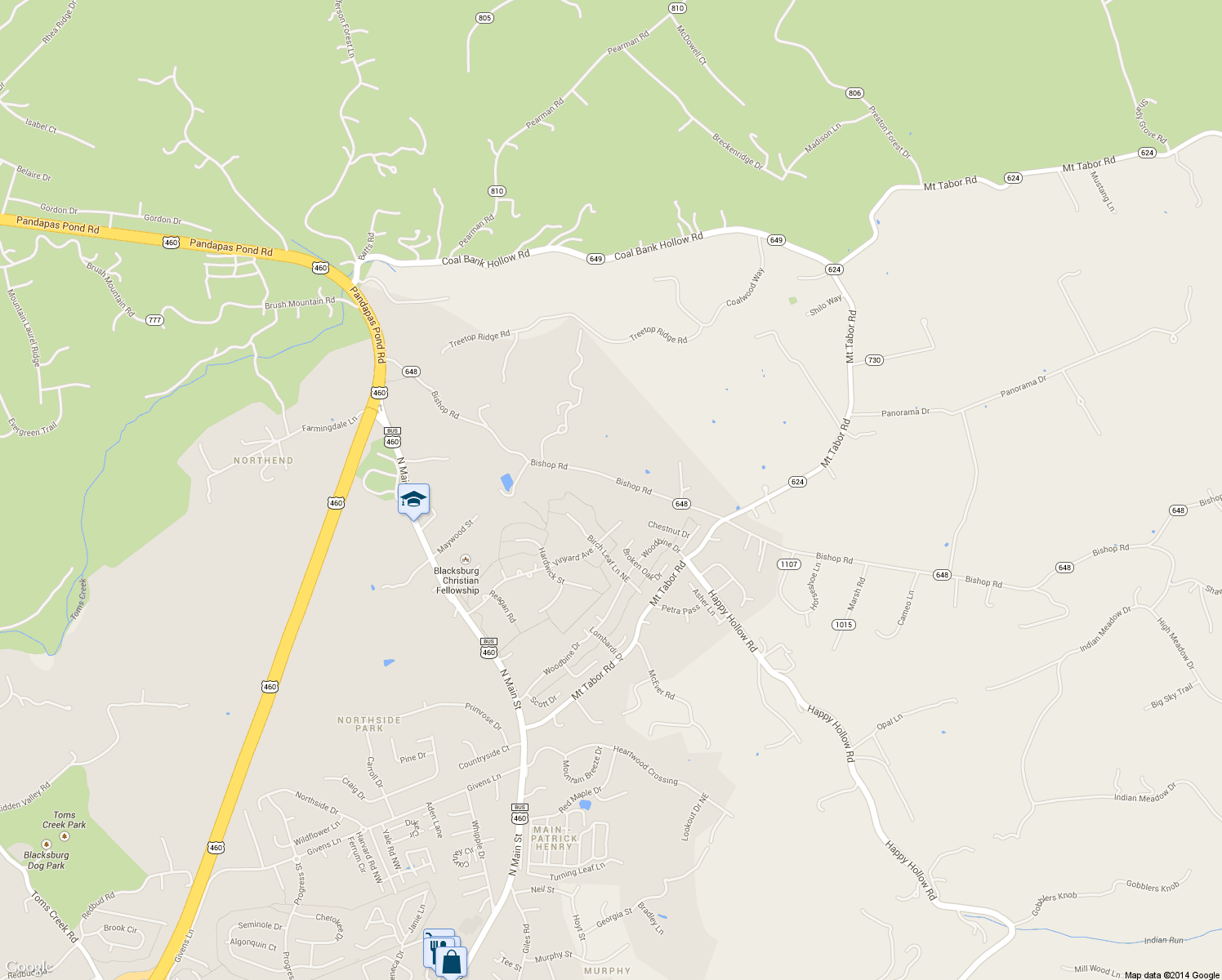 map of restaurants, bars, coffee shops, grocery stores, and more near 1000 Bishop Road in Blacksburg