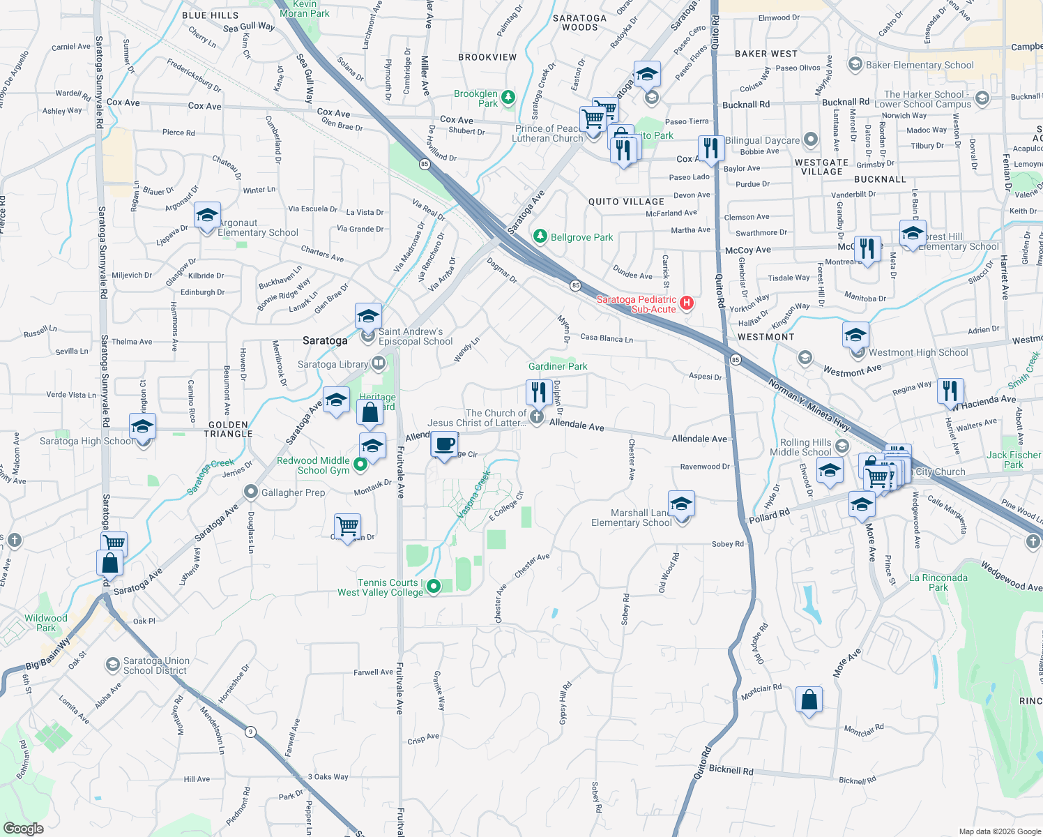 map of restaurants, bars, coffee shops, grocery stores, and more near 19127 Allendale Avenue in Saratoga