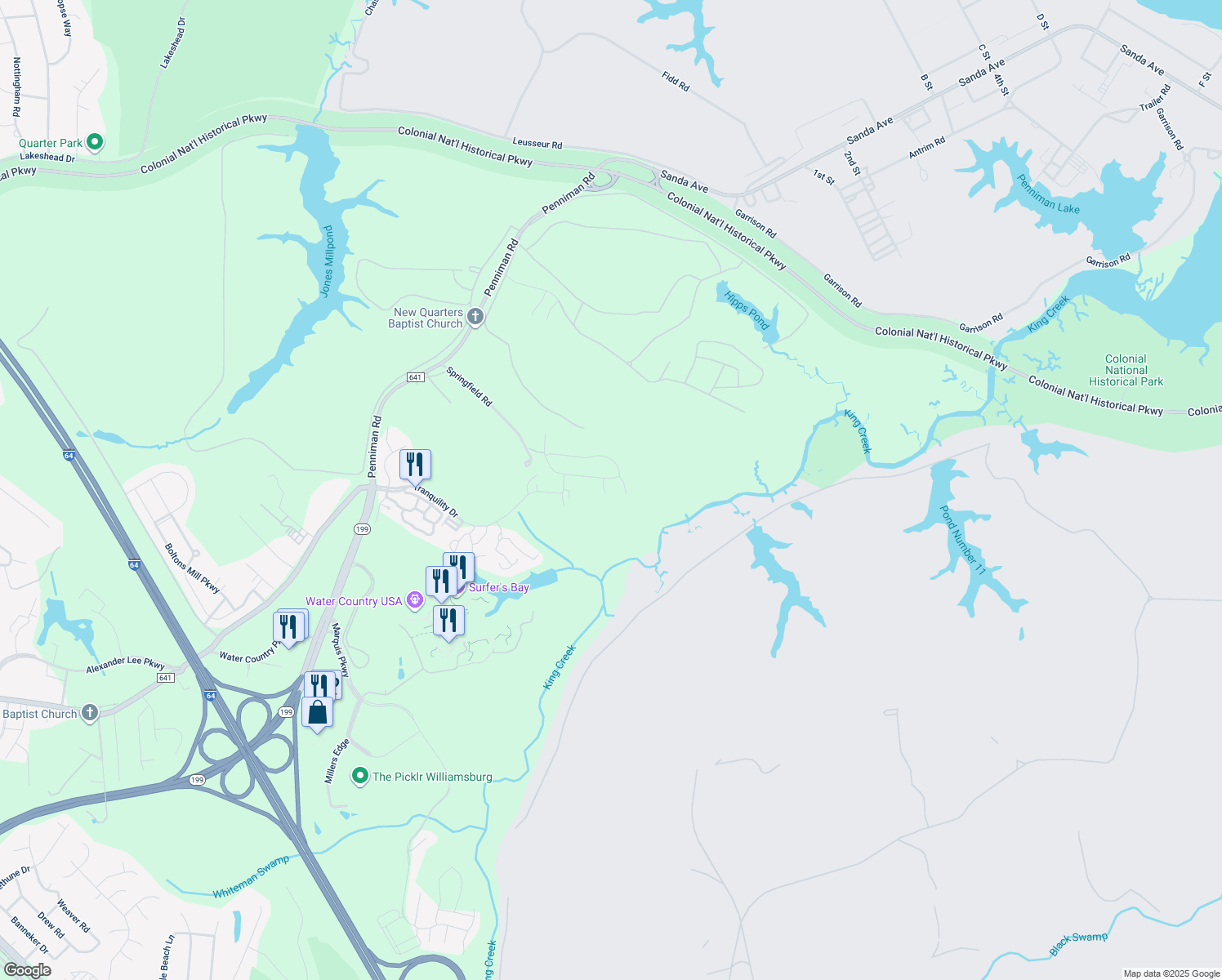 map of restaurants, bars, coffee shops, grocery stores, and more near 105 Stoney Inlet Court in Williamsburg