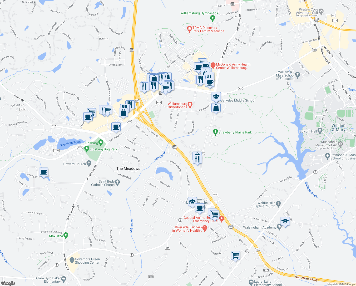 map of restaurants, bars, coffee shops, grocery stores, and more near 4055-4078 Midlands Road in Williamsburg
