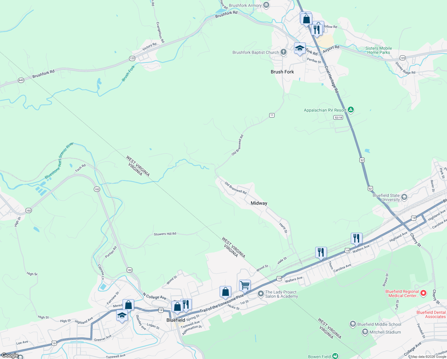 map of restaurants, bars, coffee shops, grocery stores, and more near 1141 Old Bramwell Rd in Bluefield
