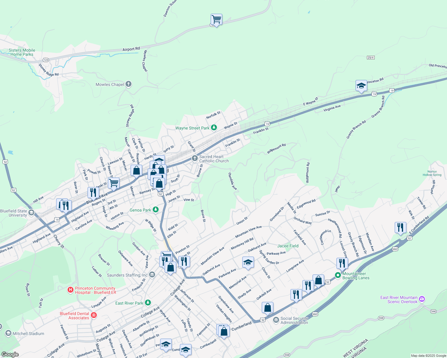 map of restaurants, bars, coffee shops, grocery stores, and more near 1000 Essex Street in Bluefield
