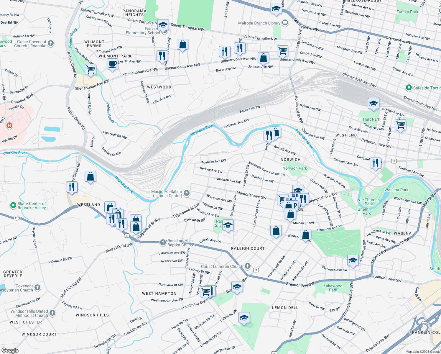 map of restaurants, bars, coffee shops, grocery stores, and more near 2421 Denniston Ave SW in Roanoke