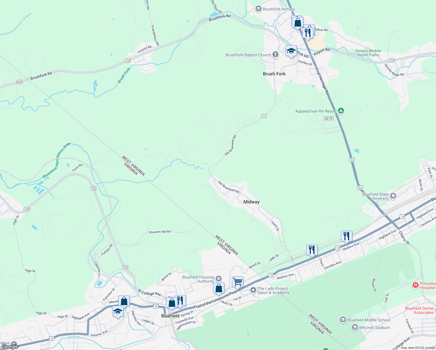 map of restaurants, bars, coffee shops, grocery stores, and more near 1141 Old Bramwell Rd in Bluefield