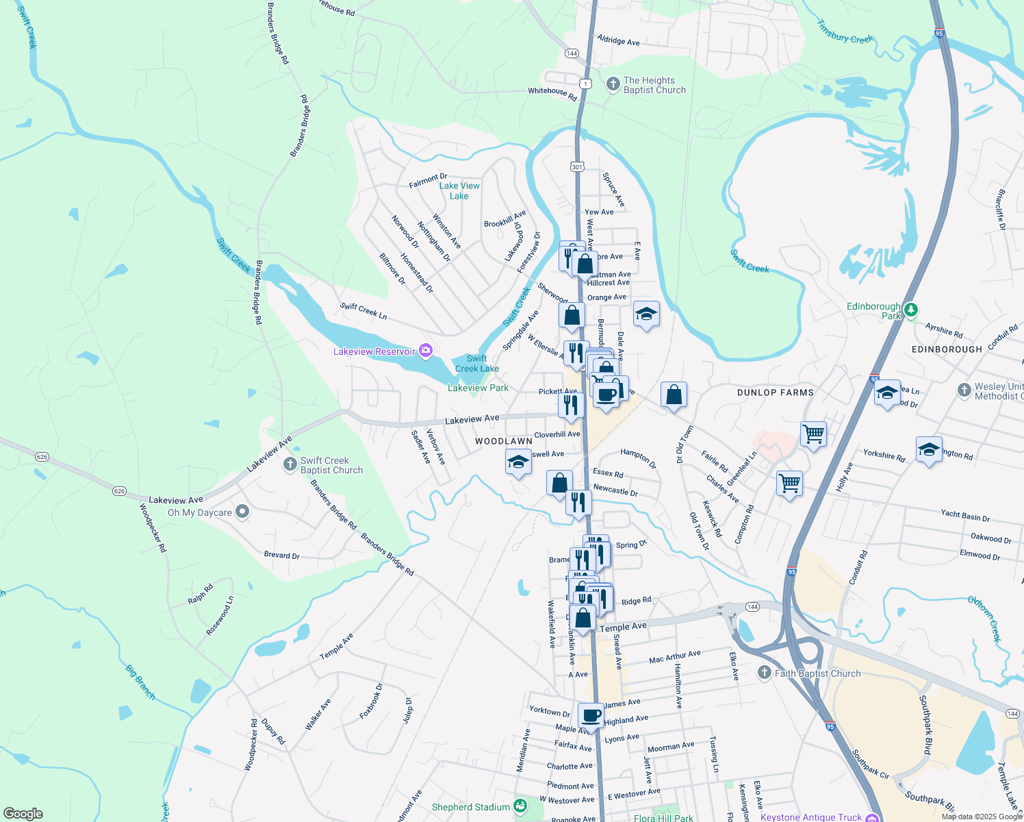 map of restaurants, bars, coffee shops, grocery stores, and more near 410 Lakeview Avenue in Colonial Heights