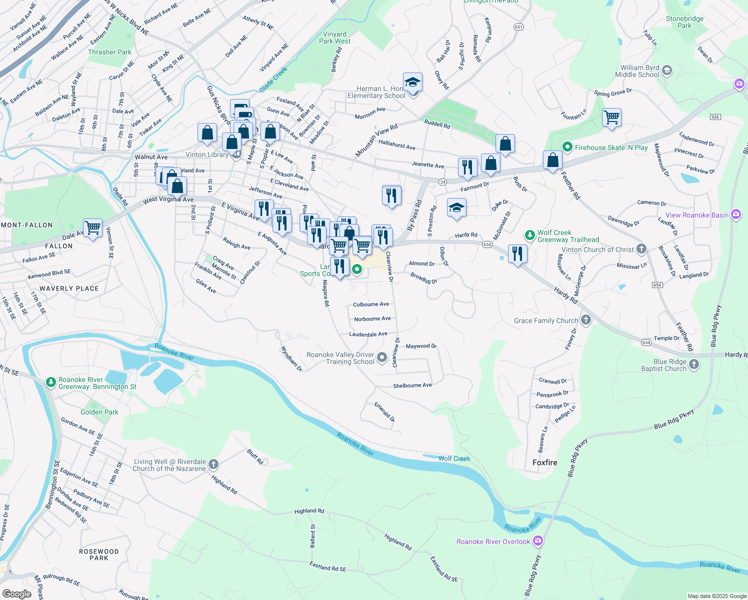map of restaurants, bars, coffee shops, grocery stores, and more near 956 Colbourne Avenue in Vinton