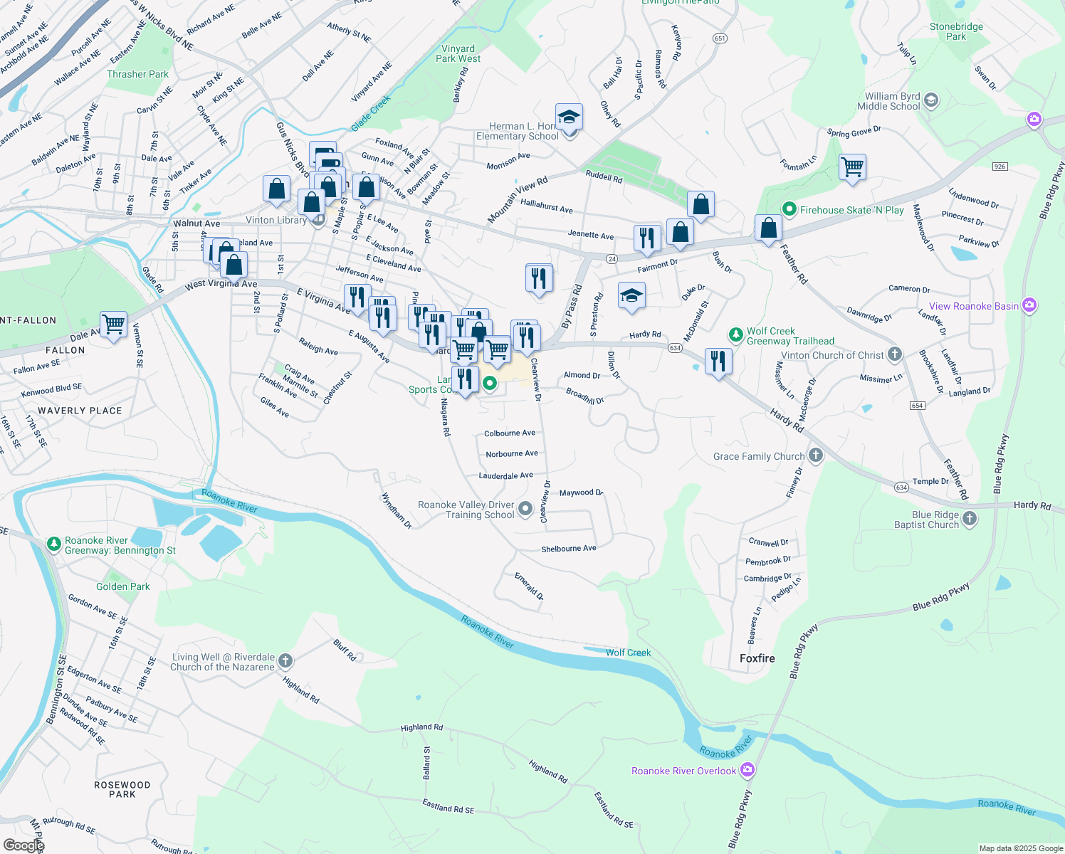 map of restaurants, bars, coffee shops, grocery stores, and more near 978 Colbourne Avenue in Vinton
