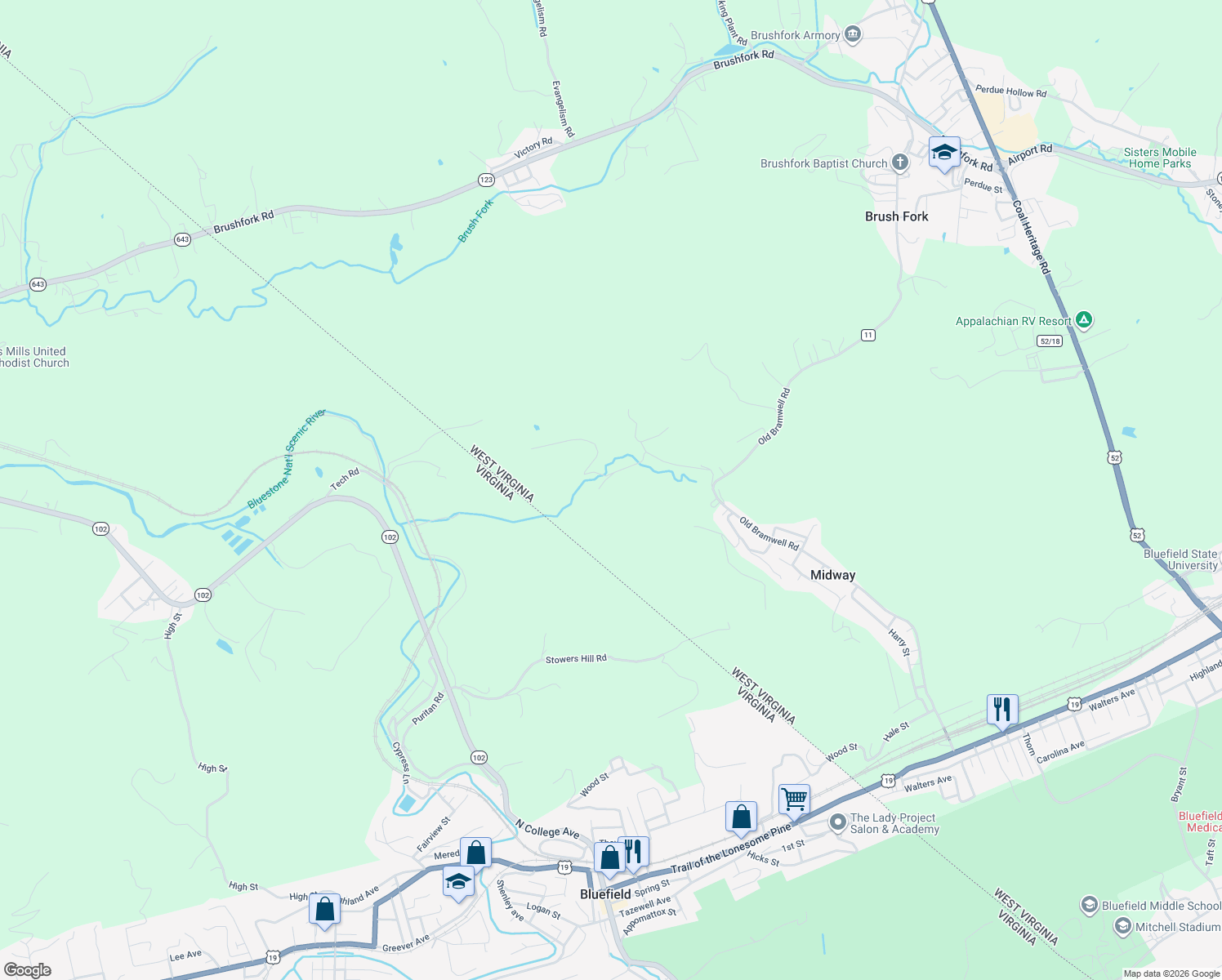 map of restaurants, bars, coffee shops, grocery stores, and more near 477 Ball Dairy Road in Bluefield