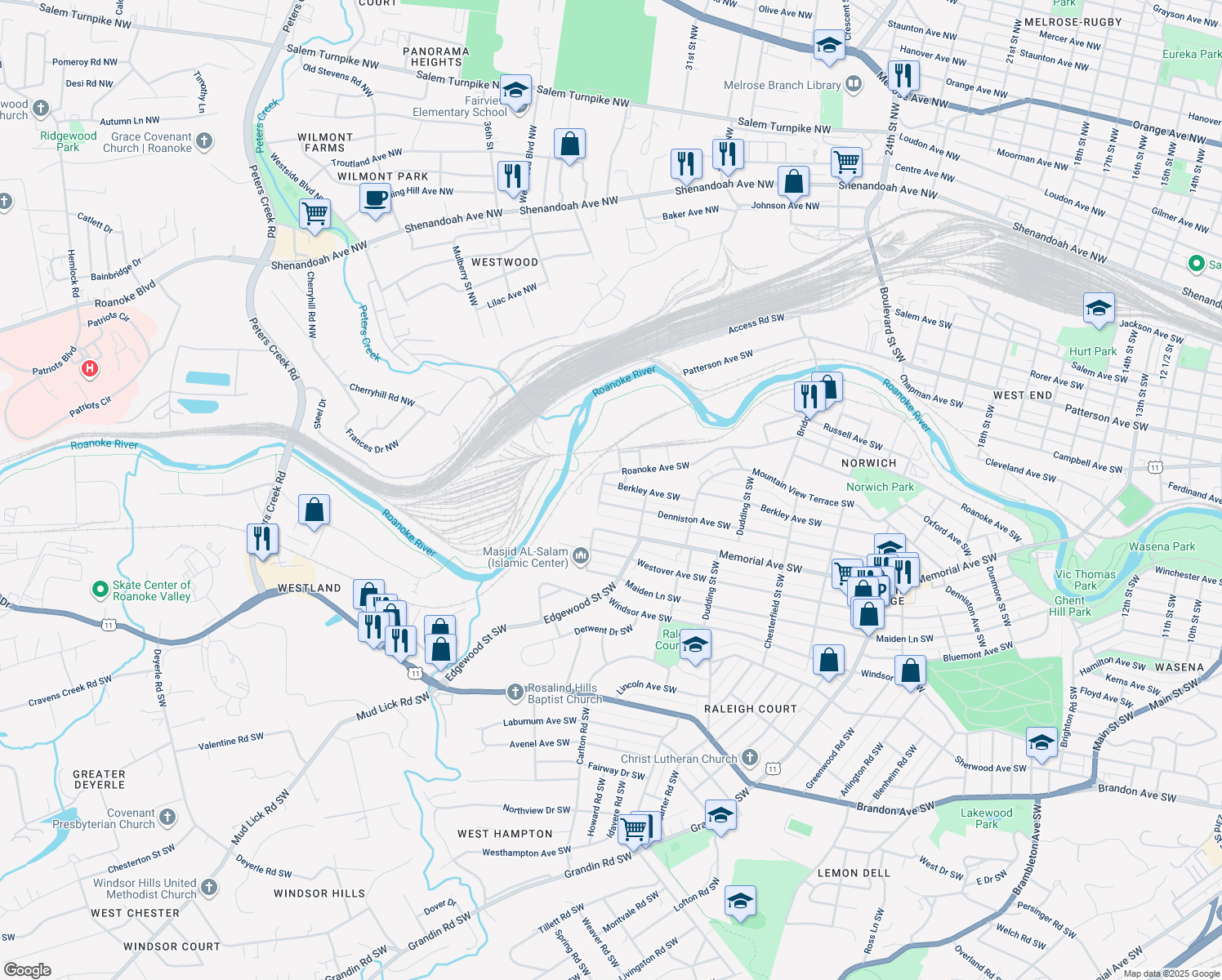 map of restaurants, bars, coffee shops, grocery stores, and more near 2542 Berkley Avenue Southwest in Roanoke