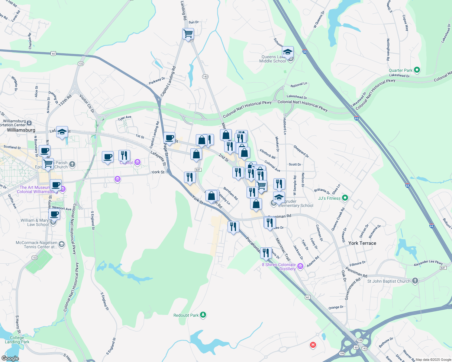 map of restaurants, bars, coffee shops, grocery stores, and more near 484 Catesby Lane in Williamsburg