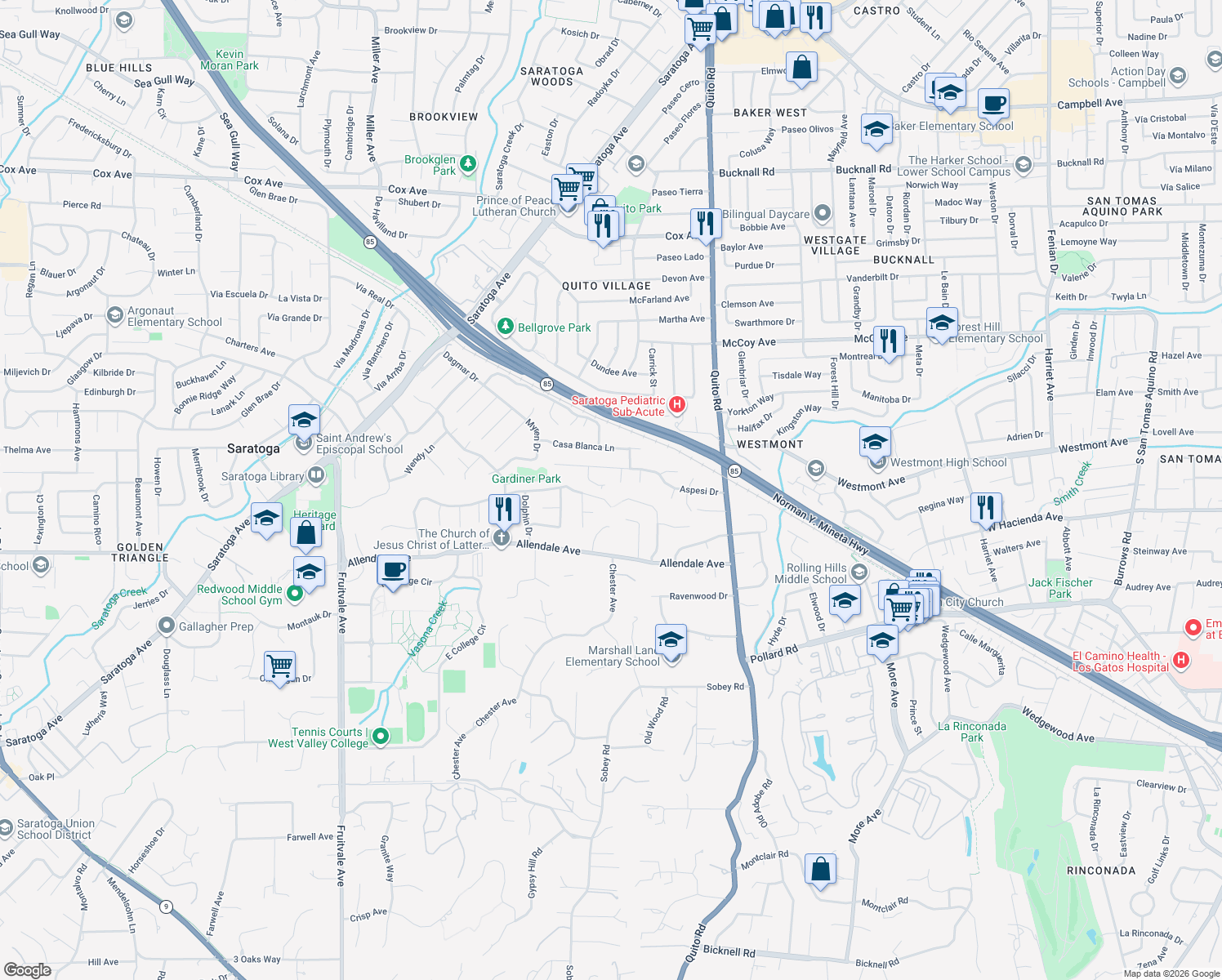 map of restaurants, bars, coffee shops, grocery stores, and more near 13638 Riverdale Court in Saratoga