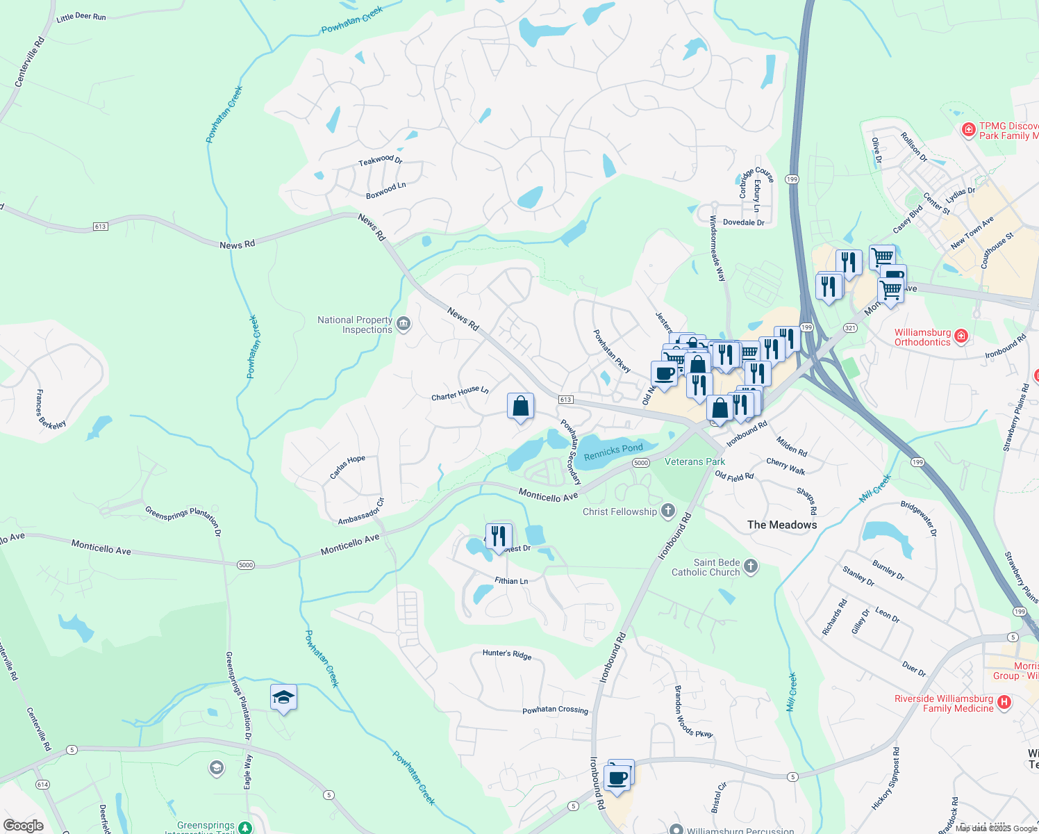 map of restaurants, bars, coffee shops, grocery stores, and more near 104 Grist Mill Court in Williamsburg