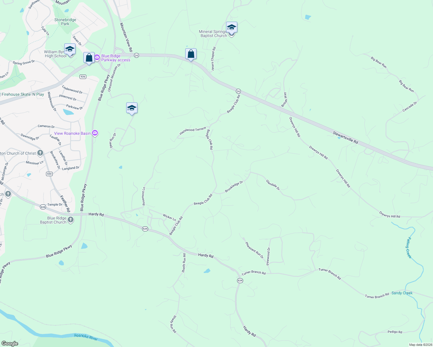 map of restaurants, bars, coffee shops, grocery stores, and more near 1784 Beagle Club Road in Vinton