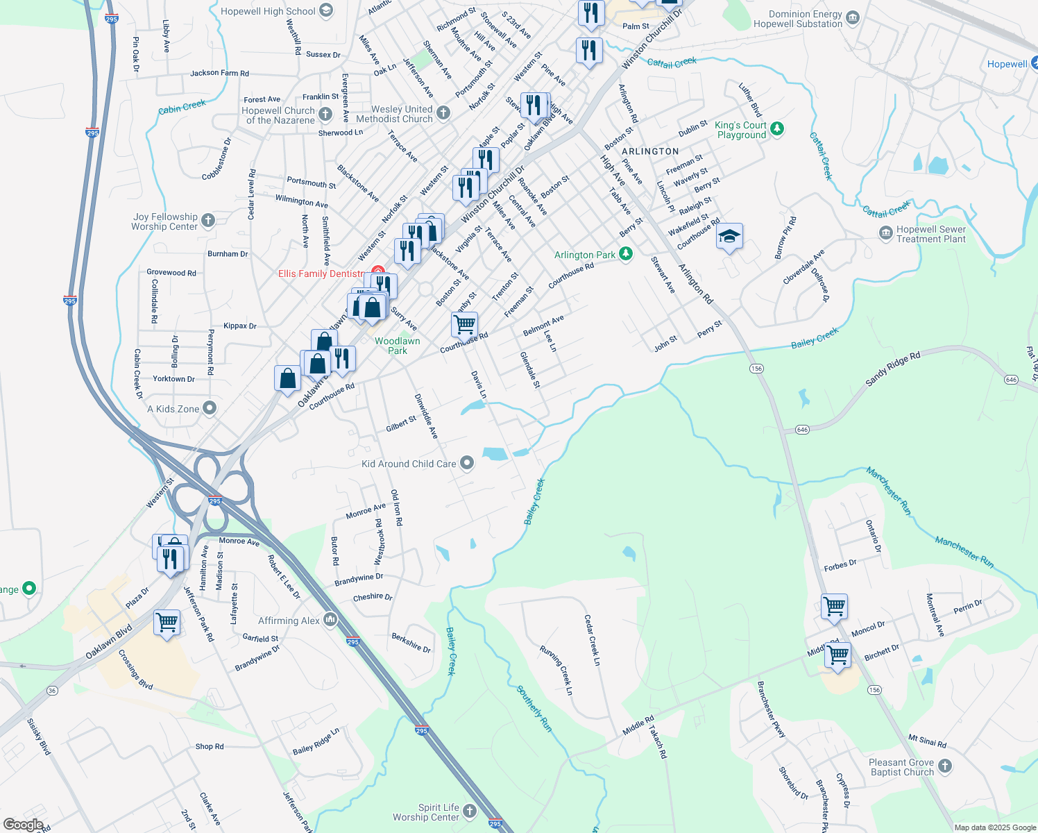 map of restaurants, bars, coffee shops, grocery stores, and more near 3400 Garland Avenue in Hopewell