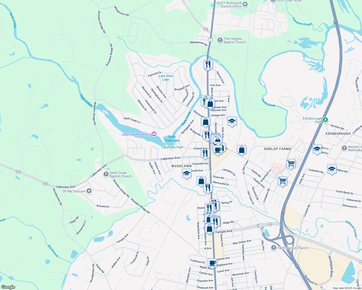 map of restaurants, bars, coffee shops, grocery stores, and more near 412 Lake Avenue in Colonial Heights