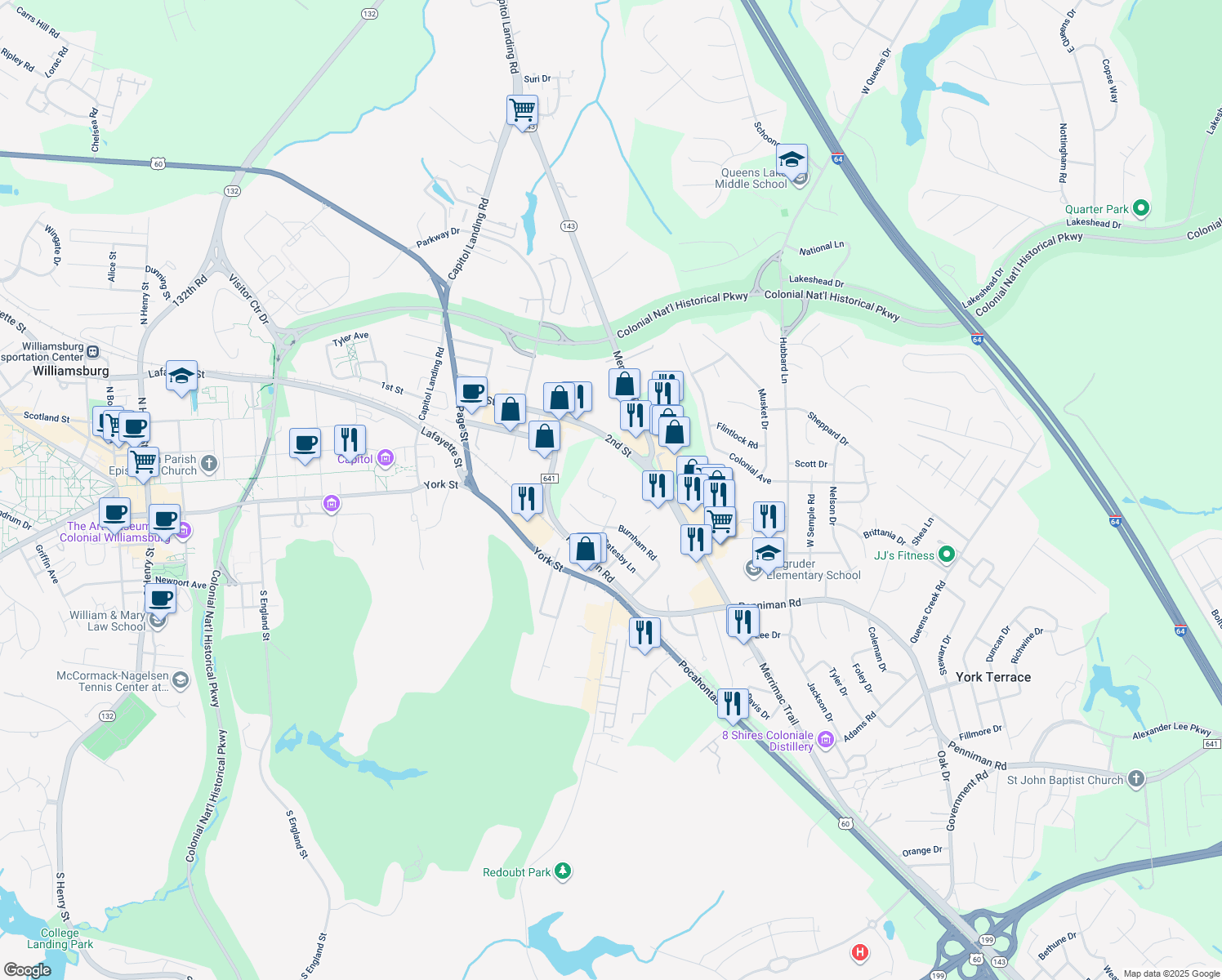map of restaurants, bars, coffee shops, grocery stores, and more near 478 Catesby Lane in Williamsburg