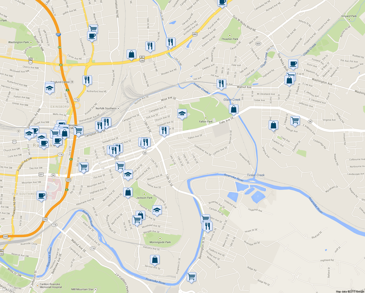 map of restaurants, bars, coffee shops, grocery stores, and more near 1602 Kenwood Boulevard Southeast in Roanoke