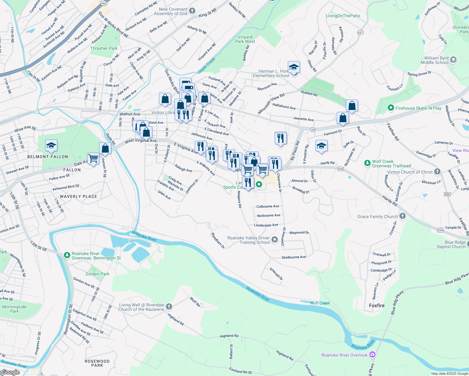 map of restaurants, bars, coffee shops, grocery stores, and more near 666 East Augusta Avenue in Vinton