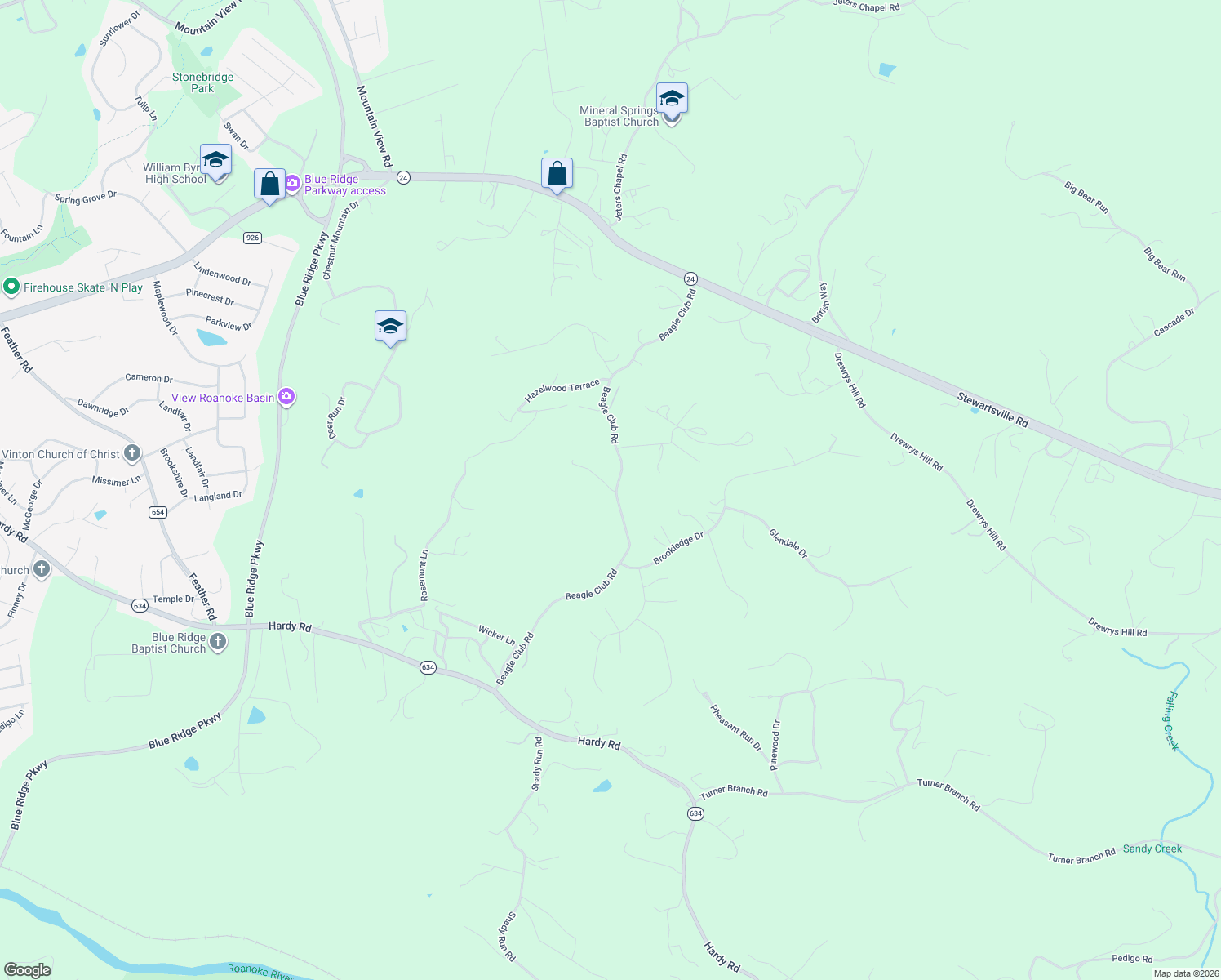 map of restaurants, bars, coffee shops, grocery stores, and more near 1784 Beagle Club Road in Vinton