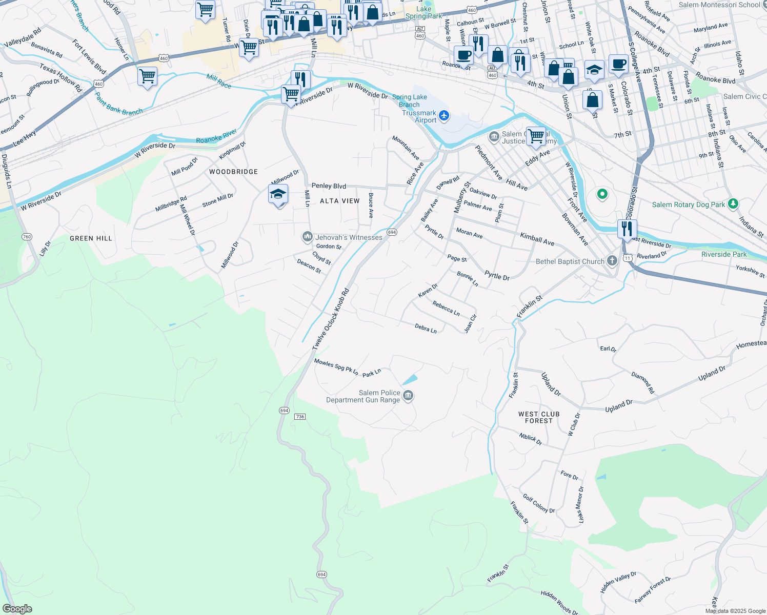 map of restaurants, bars, coffee shops, grocery stores, and more near 2431 Olde Salem Drive in Salem