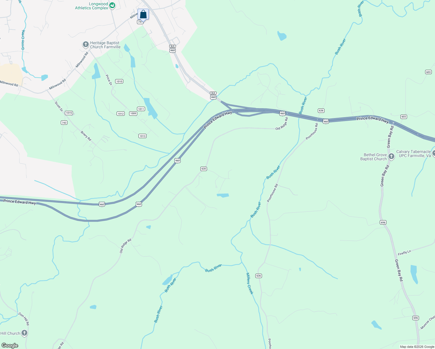 map of restaurants, bars, coffee shops, grocery stores, and more near Ridge Lane in Farmville