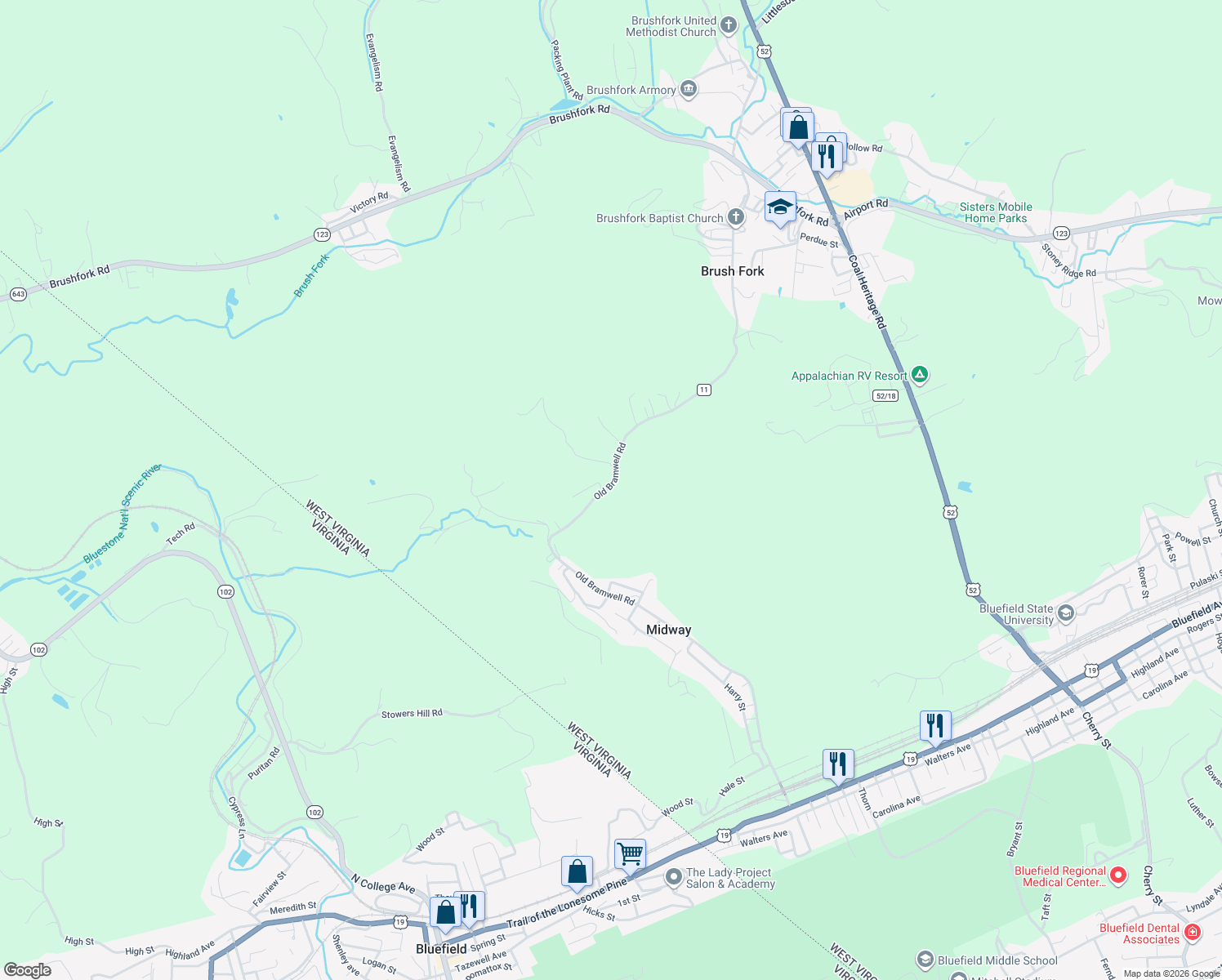 map of restaurants, bars, coffee shops, grocery stores, and more near 472-1144 Old Bramwell Rd in Bluefield