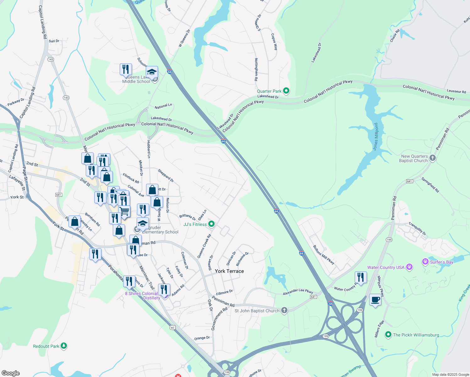 map of restaurants, bars, coffee shops, grocery stores, and more near 212 Cabernet Road in Williamsburg