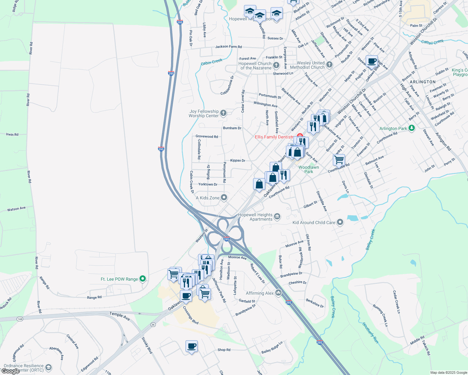 map of restaurants, bars, coffee shops, grocery stores, and more near 3805 Yorktown Drive in Hopewell