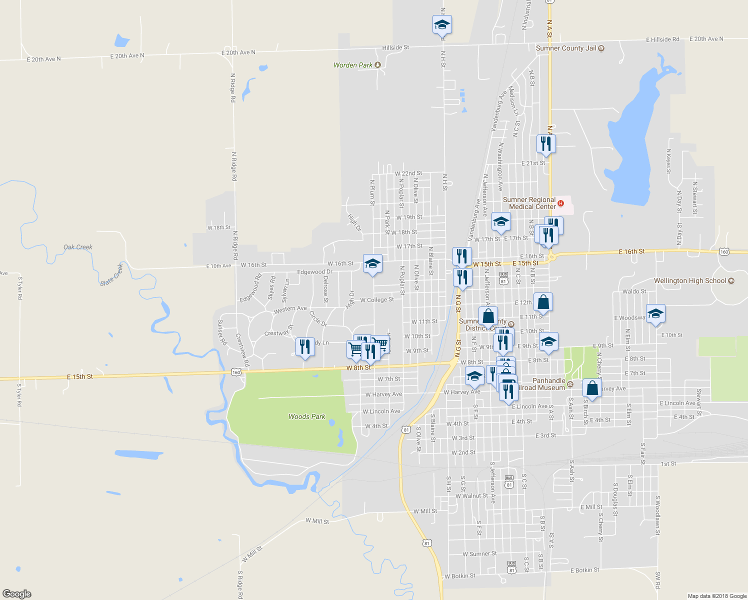 map of restaurants, bars, coffee shops, grocery stores, and more near West College Street in Wellington