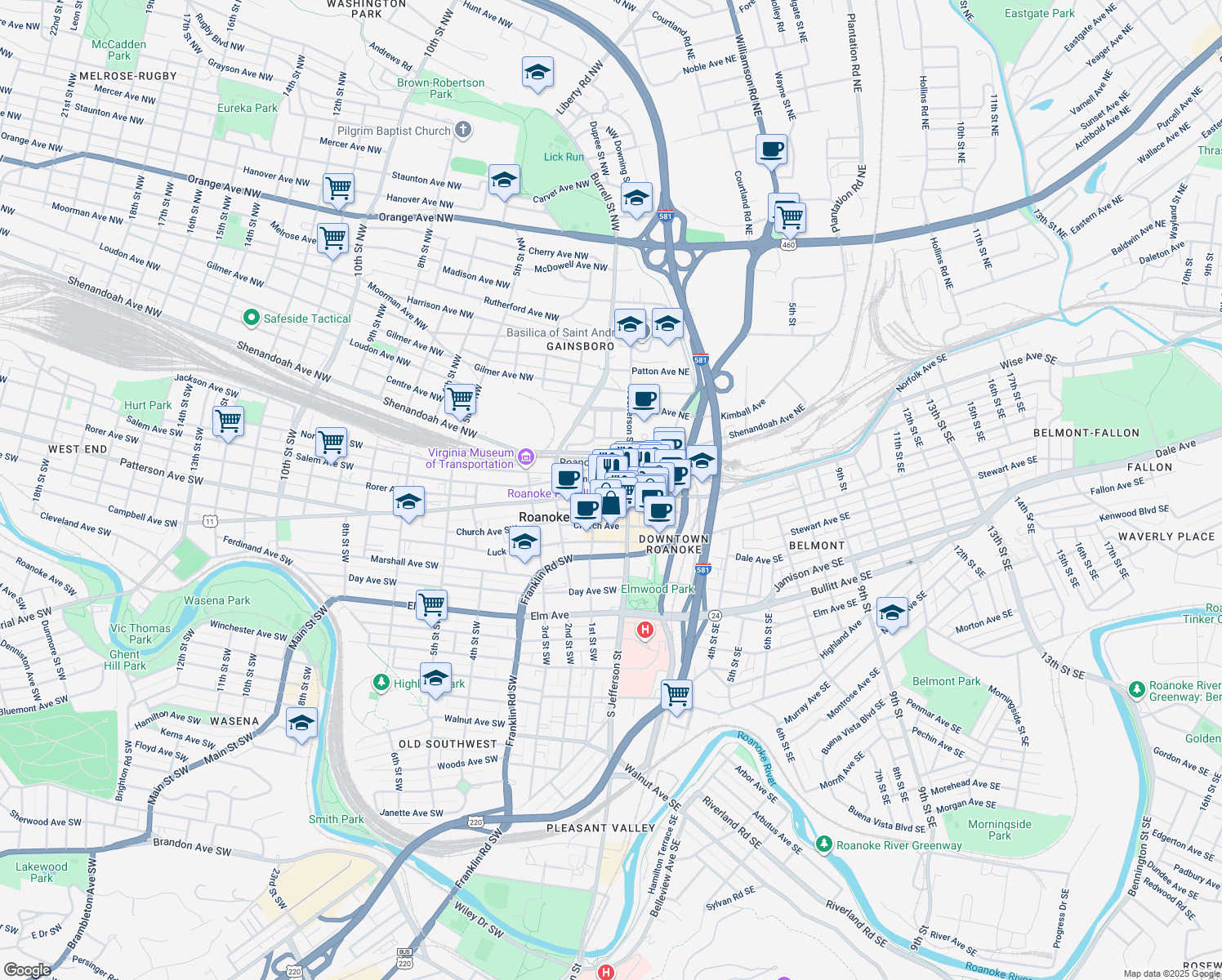 map of restaurants, bars, coffee shops, grocery stores, and more near 21 Campbell Ave SW in Roanoke