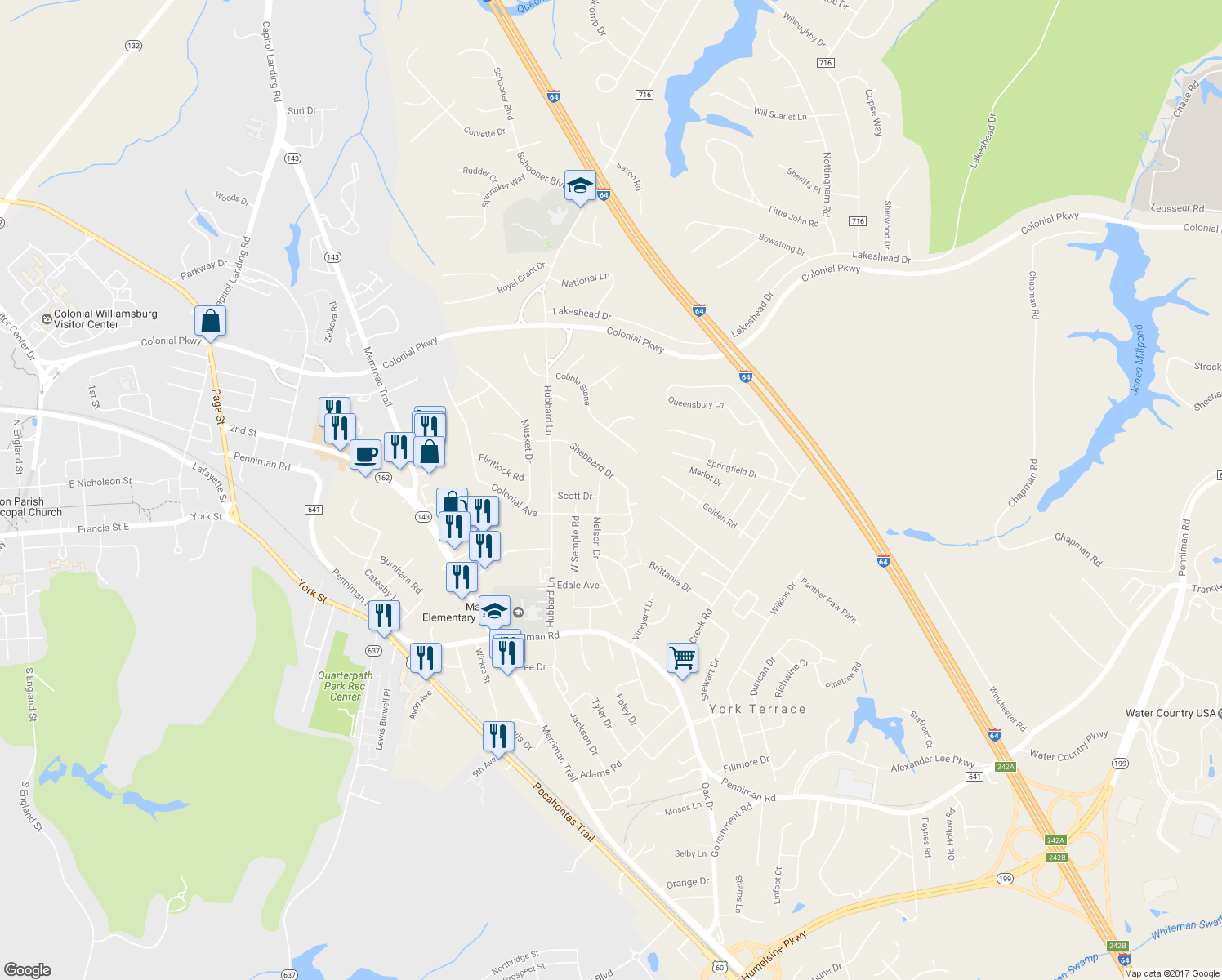 map of restaurants, bars, coffee shops, grocery stores, and more near 151 Nelson Drive in Williamsburg