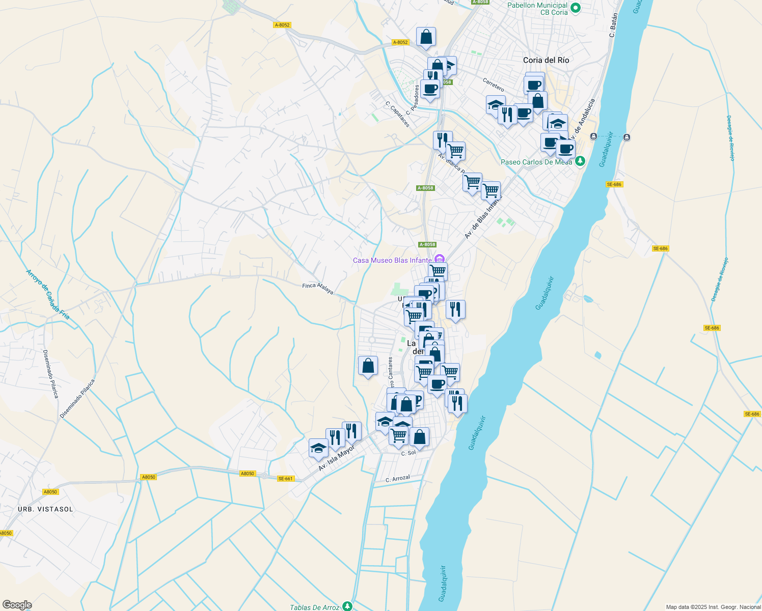 map of restaurants, bars, coffee shops, grocery stores, and more near 7 Calle Rocieros de la Puebla in La Puebla del Río