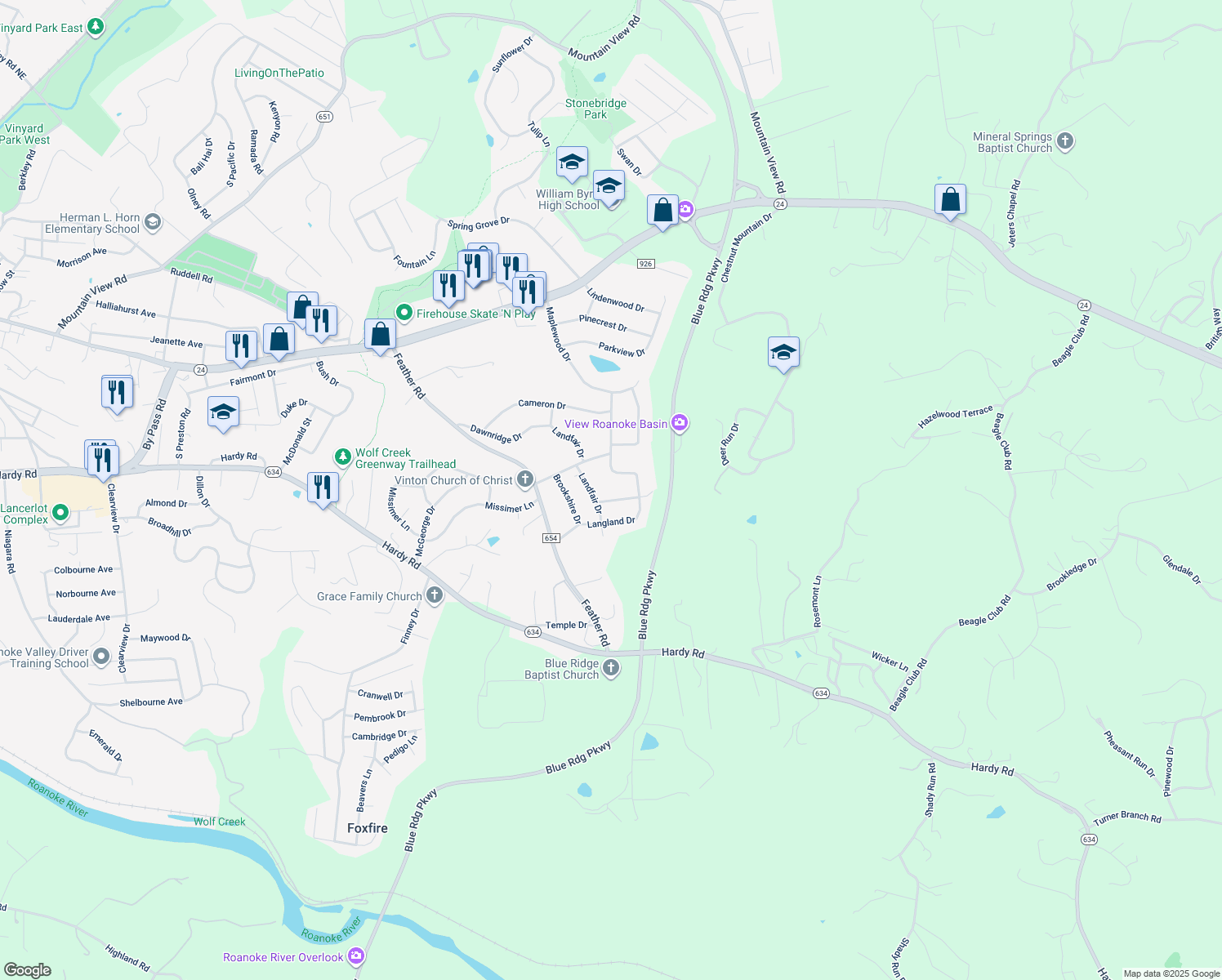 map of restaurants, bars, coffee shops, grocery stores, and more near 310 Daladier Drive in Vinton