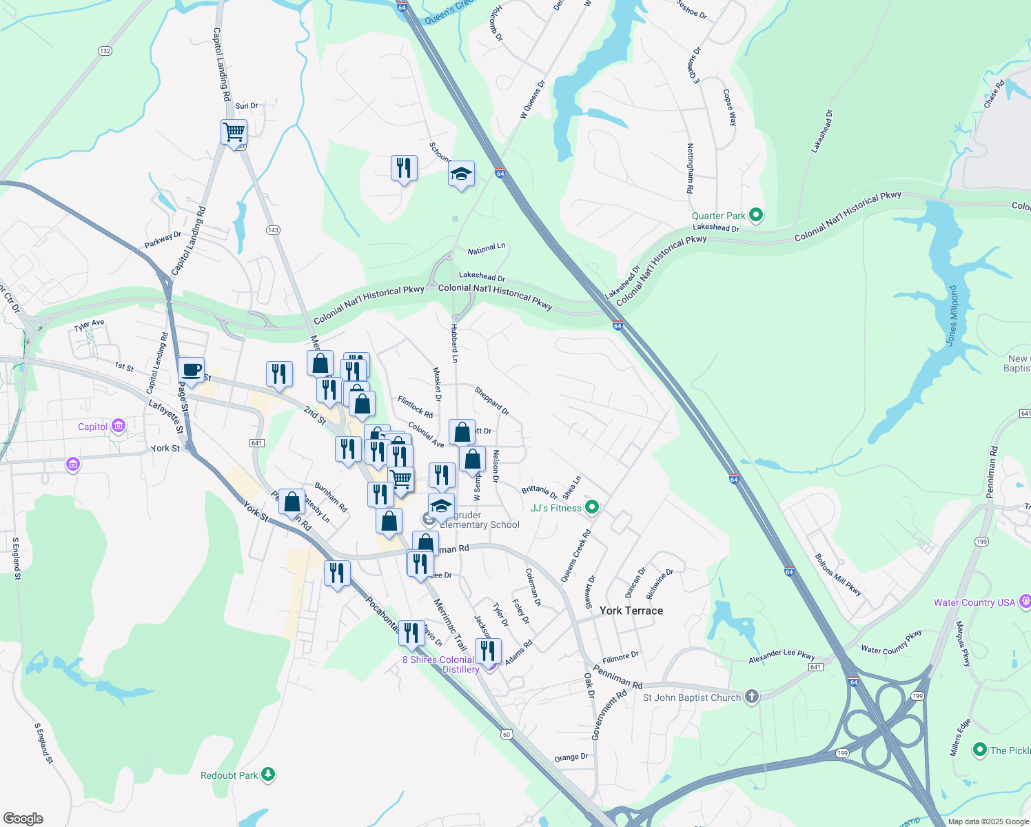 map of restaurants, bars, coffee shops, grocery stores, and more near 153 Sheppard Drive in Williamsburg
