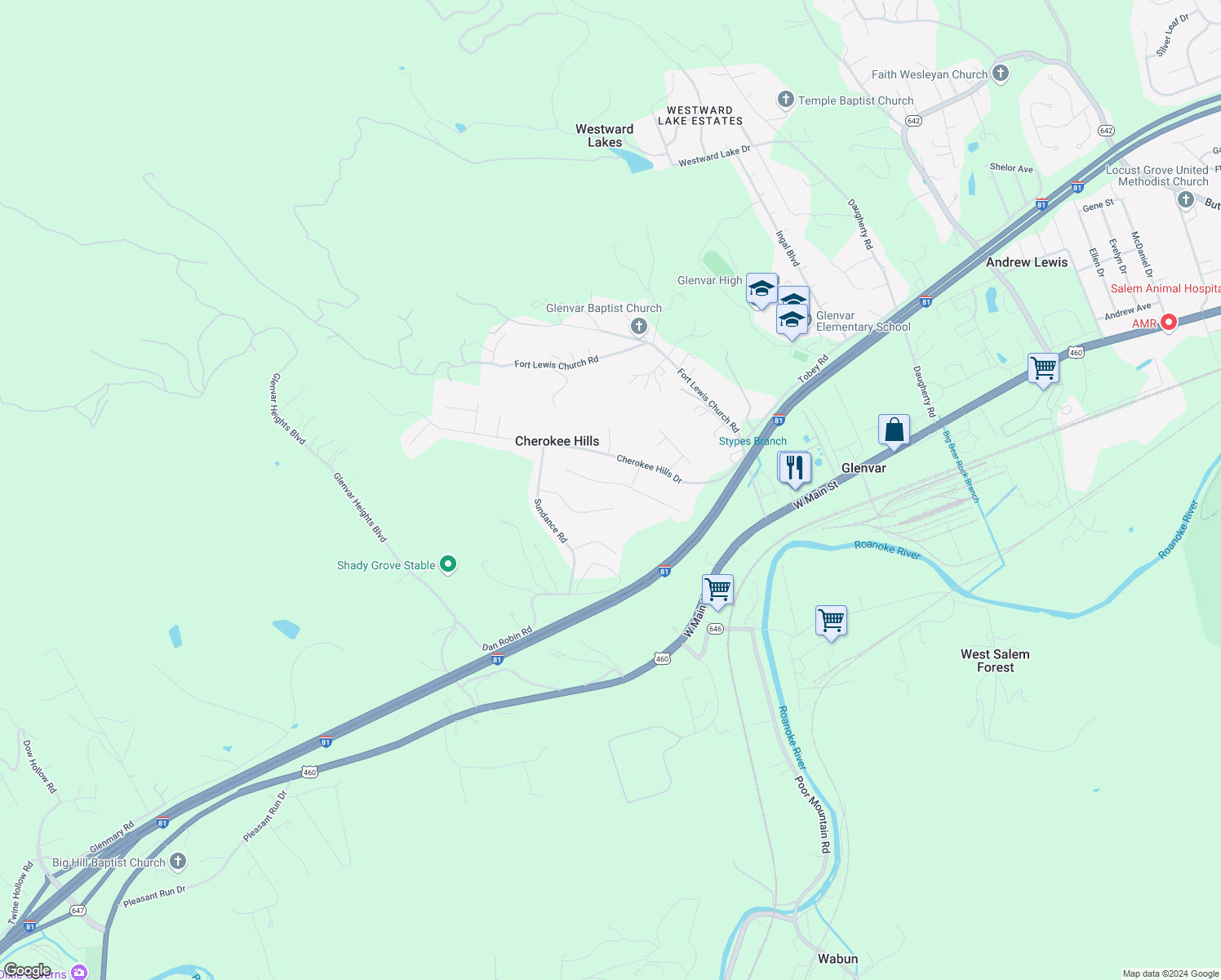 map of restaurants, bars, coffee shops, grocery stores, and more near 4918 Warrior Drive in Salem