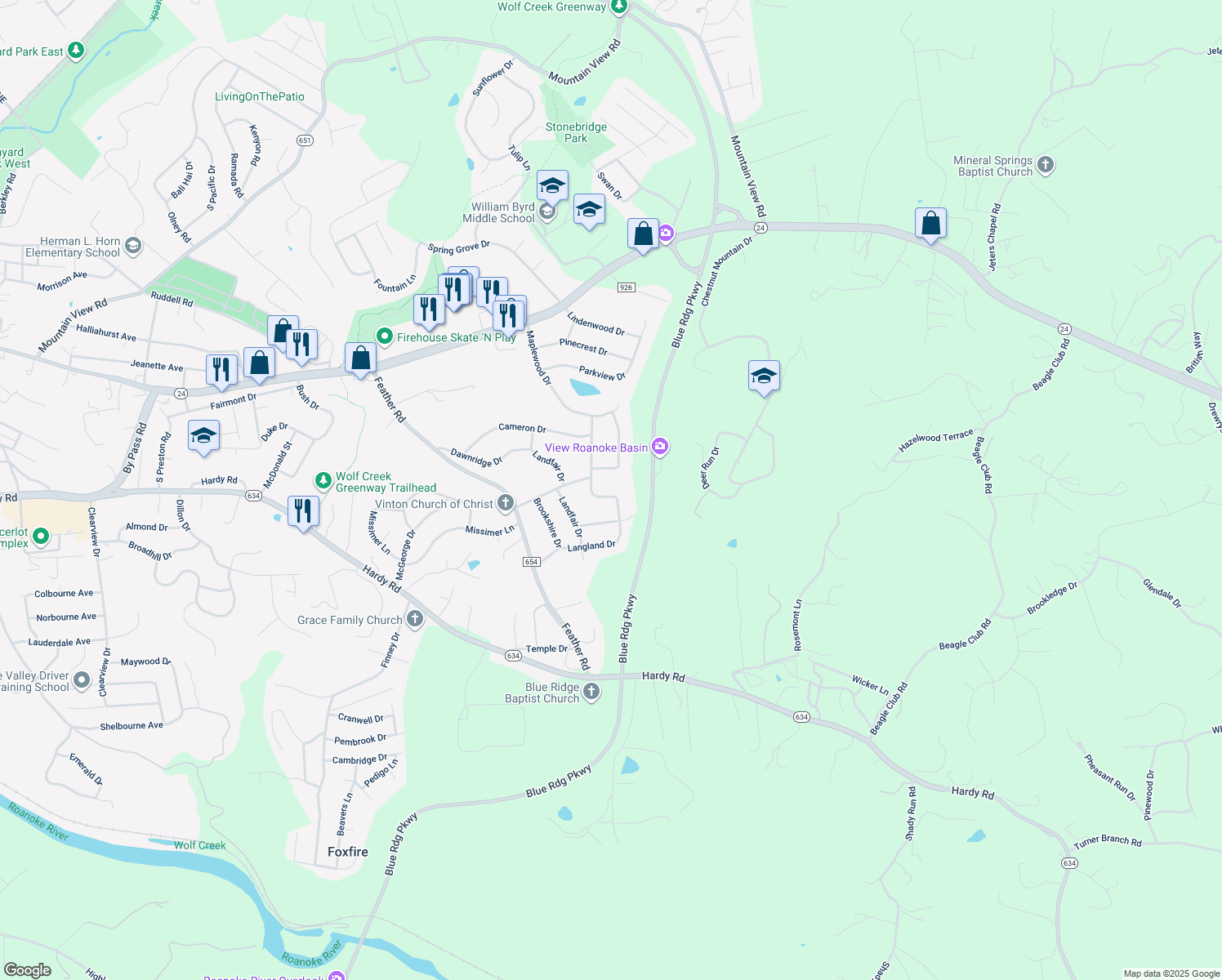 map of restaurants, bars, coffee shops, grocery stores, and more near 752 Devonshire Drive in Vinton
