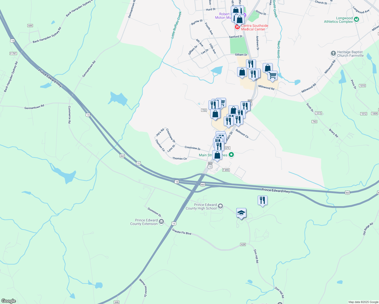 map of restaurants, bars, coffee shops, grocery stores, and more near 100 Thomas Circle in Farmville
