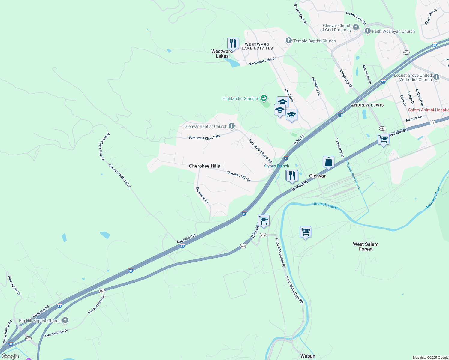 map of restaurants, bars, coffee shops, grocery stores, and more near 4921 Warrior Drive in Salem