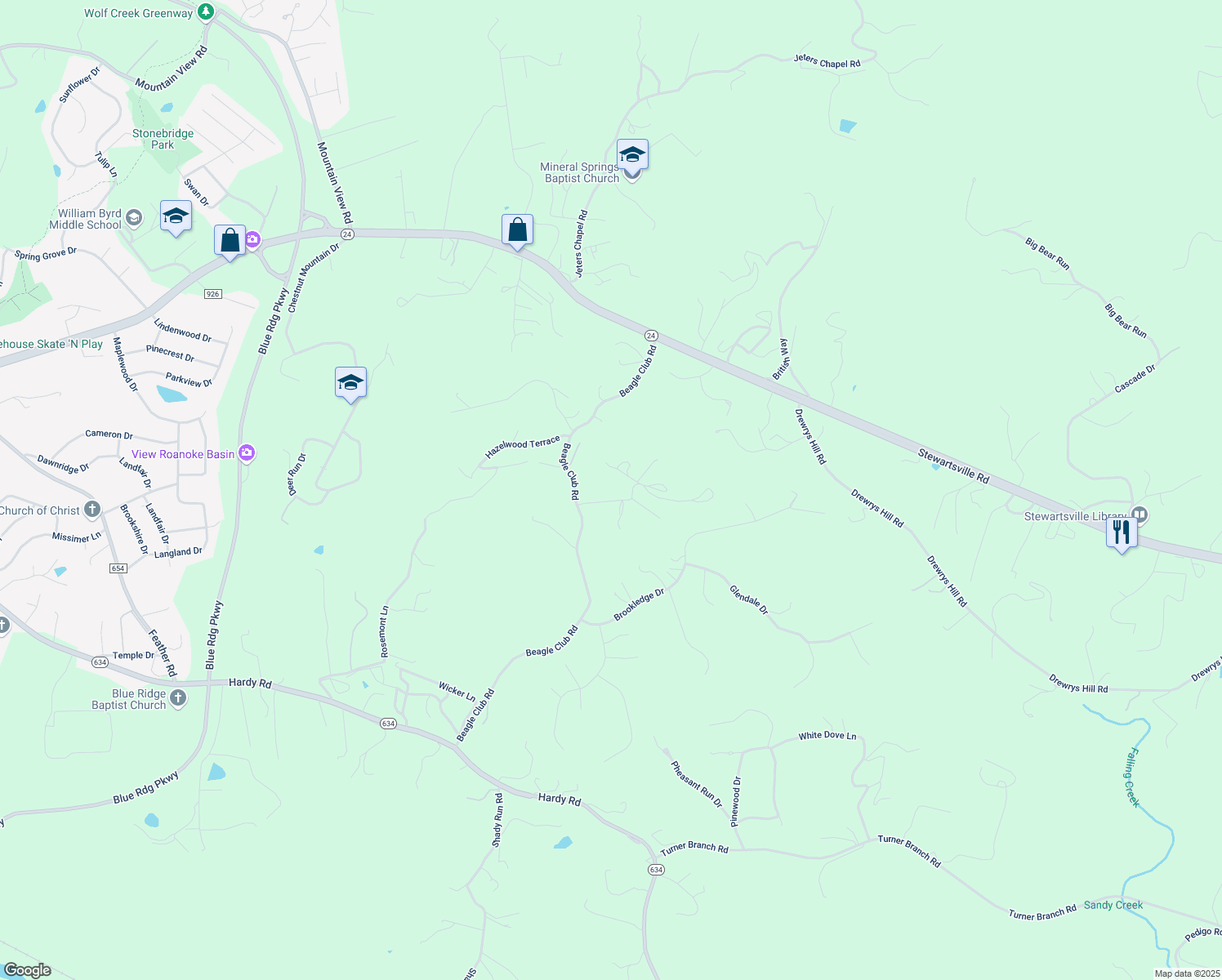 map of restaurants, bars, coffee shops, grocery stores, and more near 1104 Dearing Lane in Vinton